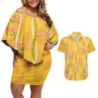 Hawaii Maile Lei Couples Matching Off Shoulder Short Dress and Hawaiian Shirt With Yellow Monstera Pattern LT05 Yellow - Polynesian Pride