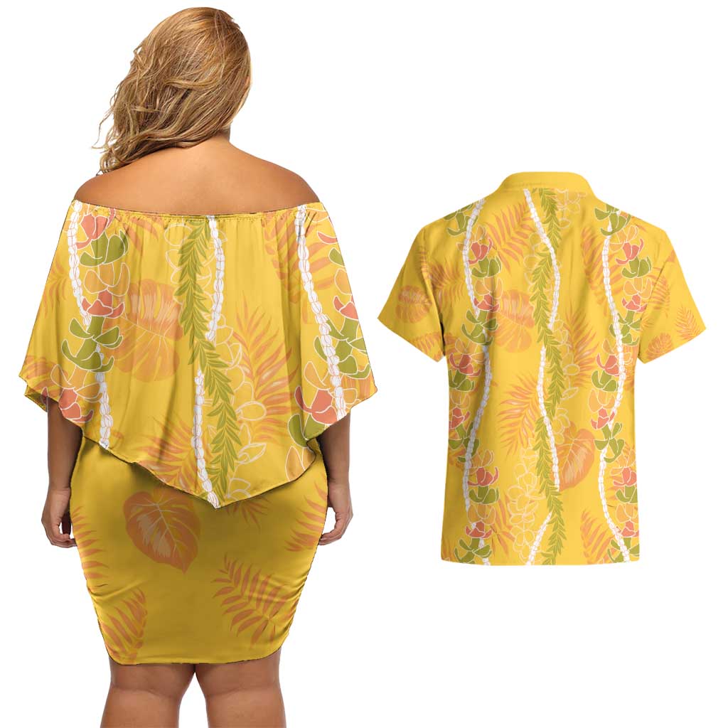 Hawaii Maile Lei Couples Matching Off Shoulder Short Dress and Hawaiian Shirt With Yellow Monstera Pattern LT05 - Polynesian Pride