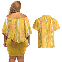 Hawaii Maile Lei Couples Matching Off Shoulder Short Dress and Hawaiian Shirt With Yellow Monstera Pattern LT05 - Polynesian Pride