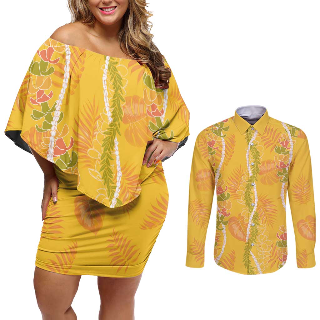 Hawaii Maile Lei Couples Matching Off Shoulder Short Dress and Long Sleeve Button Shirt With Yellow Monstera Pattern LT05 Yellow - Polynesian Pride