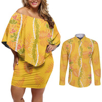 Hawaii Maile Lei Couples Matching Off Shoulder Short Dress and Long Sleeve Button Shirt With Yellow Monstera Pattern LT05 Yellow - Polynesian Pride