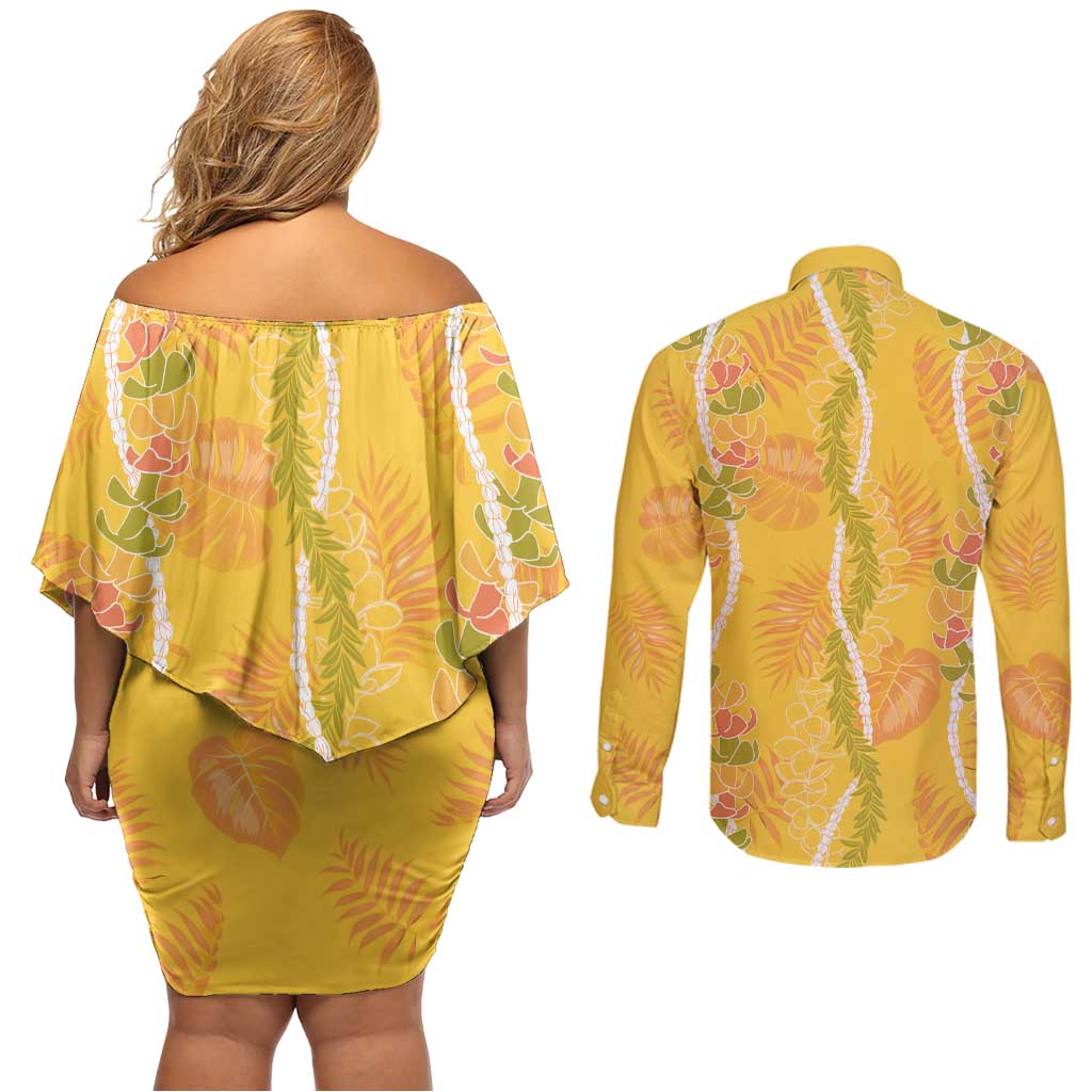 Hawaii Maile Lei Couples Matching Off Shoulder Short Dress and Long Sleeve Button Shirt With Yellow Monstera Pattern LT05 - Polynesian Pride