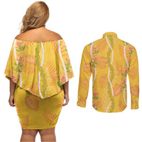 Hawaii Maile Lei Couples Matching Off Shoulder Short Dress and Long Sleeve Button Shirt With Yellow Monstera Pattern LT05 - Polynesian Pride