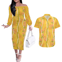 Hawaii Maile Lei Couples Matching Off The Shoulder Long Sleeve Dress and Hawaiian Shirt With Yellow Monstera Pattern LT05 Yellow - Polynesian Pride