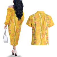 Hawaii Maile Lei Couples Matching Off The Shoulder Long Sleeve Dress and Hawaiian Shirt With Yellow Monstera Pattern LT05 - Polynesian Pride