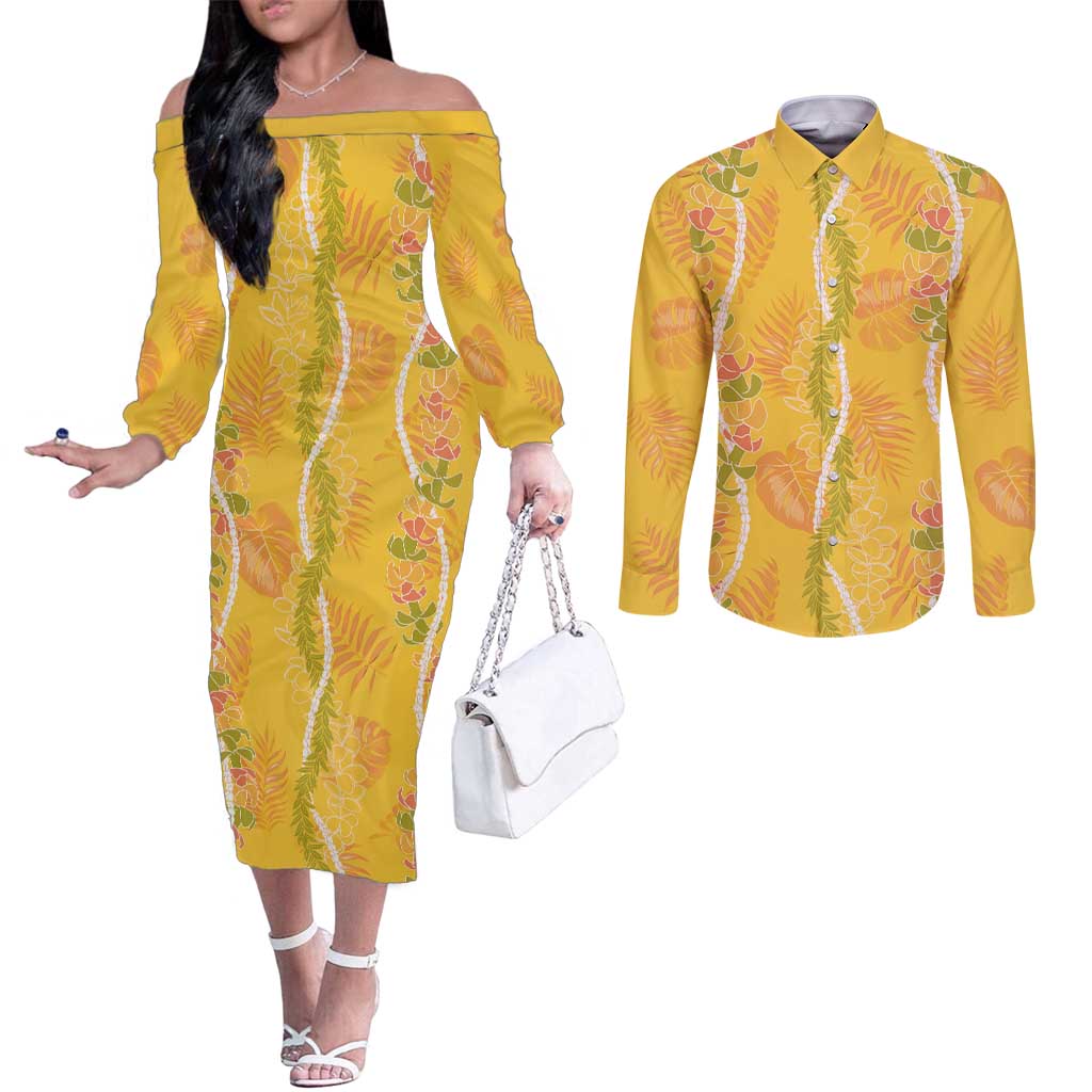 Hawaii Maile Lei Couples Matching Off The Shoulder Long Sleeve Dress and Long Sleeve Button Shirt With Yellow Monstera Pattern LT05 Yellow - Polynesian Pride