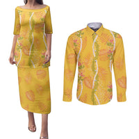 Hawaii Maile Lei Couples Matching Puletasi and Long Sleeve Button Shirt With Yellow Monstera Pattern LT05 Yellow - Polynesian Pride
