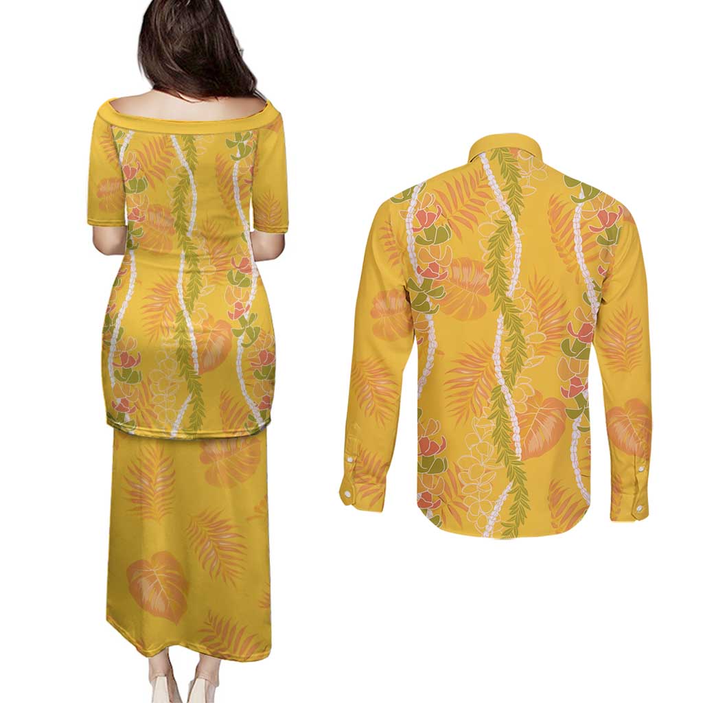 Hawaii Maile Lei Couples Matching Puletasi and Long Sleeve Button Shirt With Yellow Monstera Pattern LT05 - Polynesian Pride