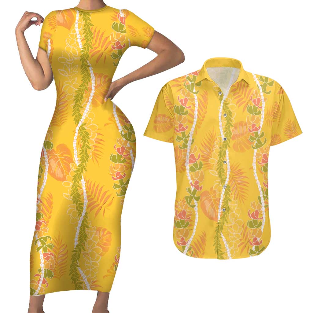 Hawaii Maile Lei Couples Matching Short Sleeve Bodycon Dress and Hawaiian Shirt With Yellow Monstera Pattern LT05 Yellow - Polynesian Pride