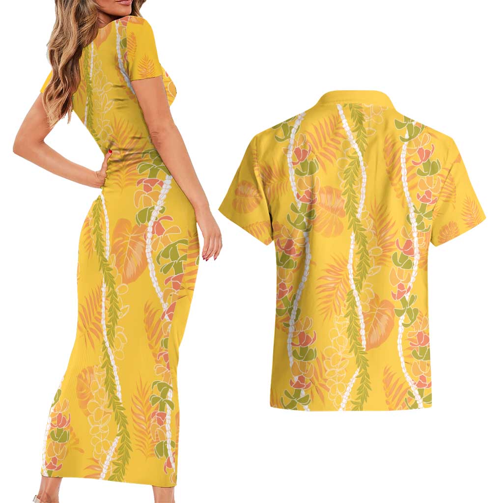 Hawaii Maile Lei Couples Matching Short Sleeve Bodycon Dress and Hawaiian Shirt With Yellow Monstera Pattern LT05 - Polynesian Pride