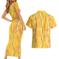 Hawaii Maile Lei Couples Matching Short Sleeve Bodycon Dress and Hawaiian Shirt With Yellow Monstera Pattern LT05 - Polynesian Pride