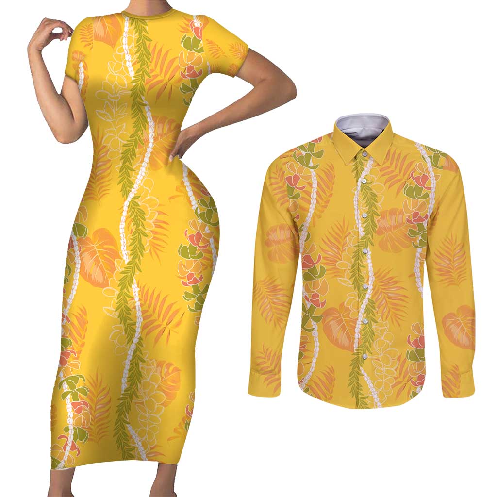 Hawaii Maile Lei Couples Matching Short Sleeve Bodycon Dress and Long Sleeve Button Shirt With Yellow Monstera Pattern LT05 Yellow - Polynesian Pride