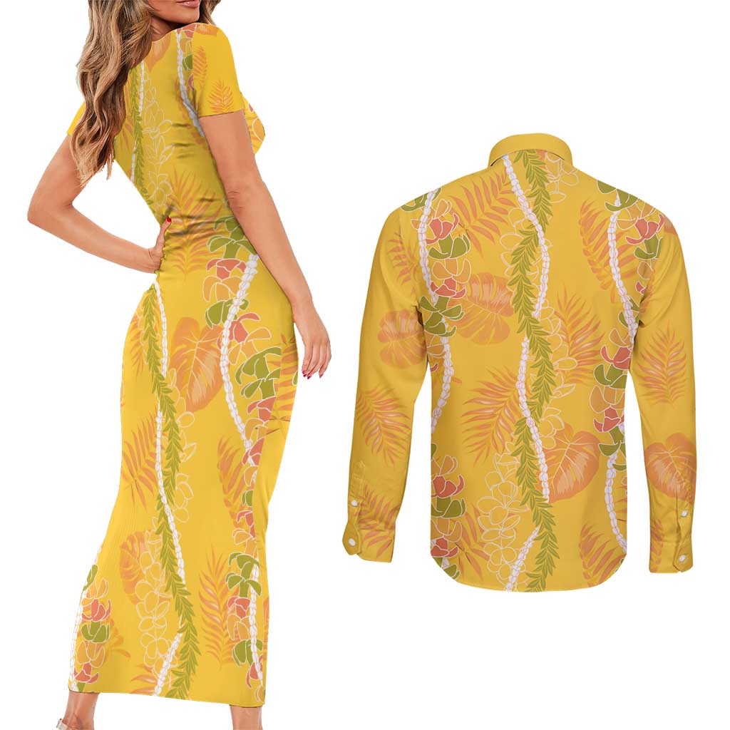 Hawaii Maile Lei Couples Matching Short Sleeve Bodycon Dress and Long Sleeve Button Shirt With Yellow Monstera Pattern LT05 - Polynesian Pride