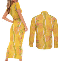 Hawaii Maile Lei Couples Matching Short Sleeve Bodycon Dress and Long Sleeve Button Shirt With Yellow Monstera Pattern LT05 - Polynesian Pride