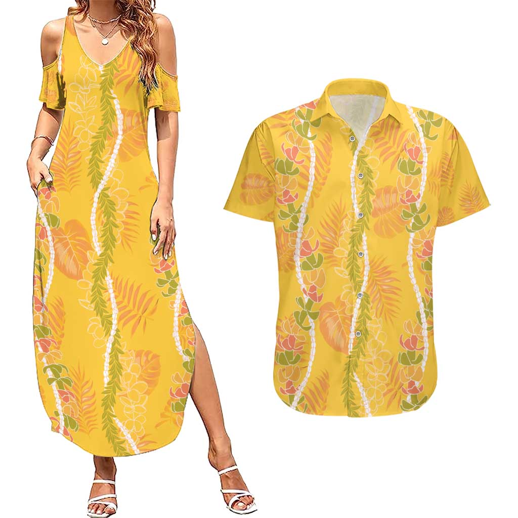 Hawaii Maile Lei Couples Matching Summer Maxi Dress and Hawaiian Shirt With Yellow Monstera Pattern LT05 Yellow - Polynesian Pride