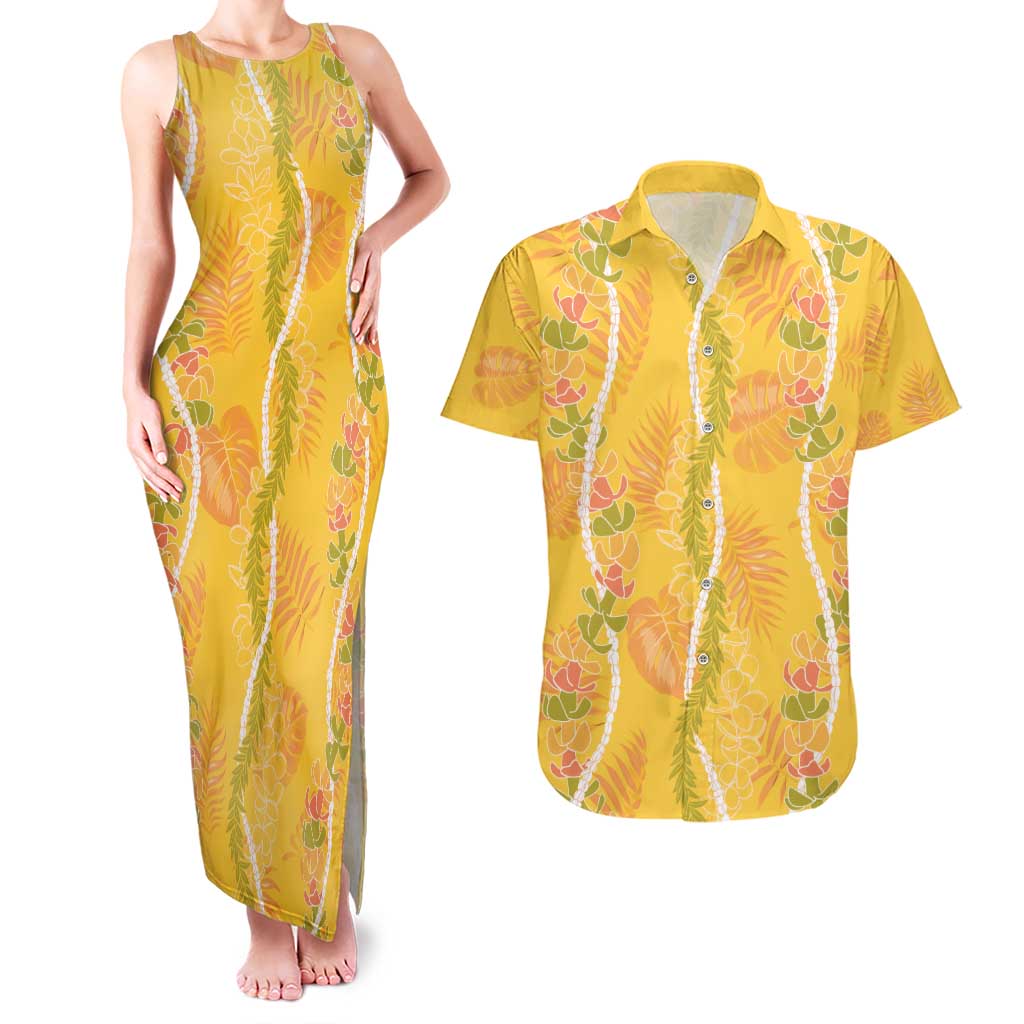 Hawaii Maile Lei Couples Matching Tank Maxi Dress and Hawaiian Shirt With Yellow Monstera Pattern LT05 Yellow - Polynesian Pride