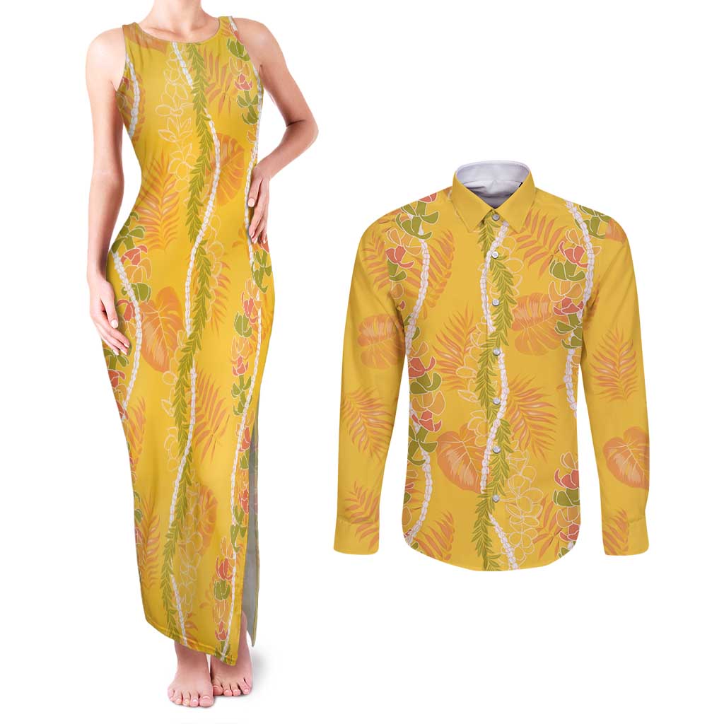 Hawaii Maile Lei Couples Matching Tank Maxi Dress and Long Sleeve Button Shirt With Yellow Monstera Pattern LT05 Yellow - Polynesian Pride