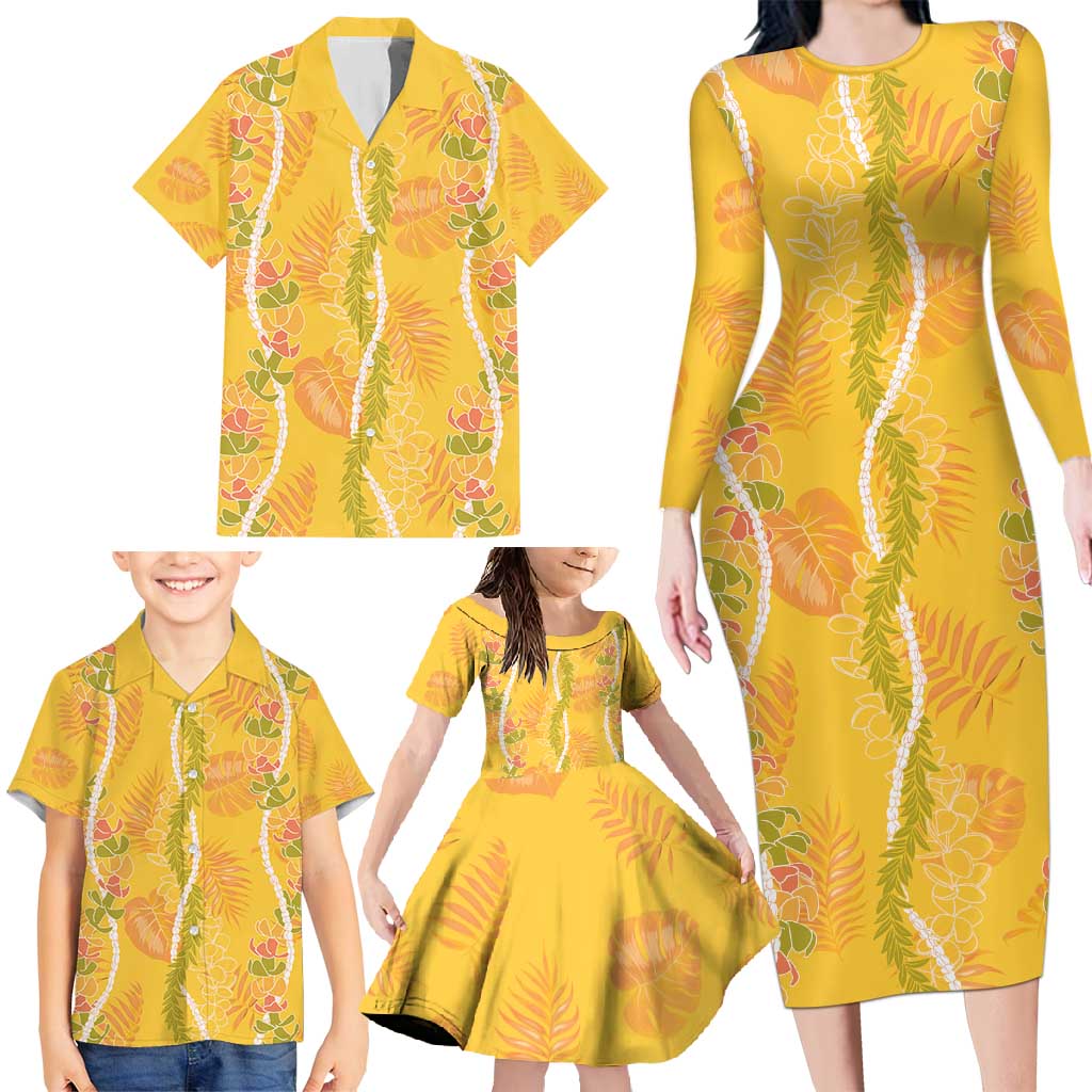 Hawaii Maile Lei Family Matching Long Sleeve Bodycon Dress and Hawaiian Shirt With Yellow Monstera Pattern