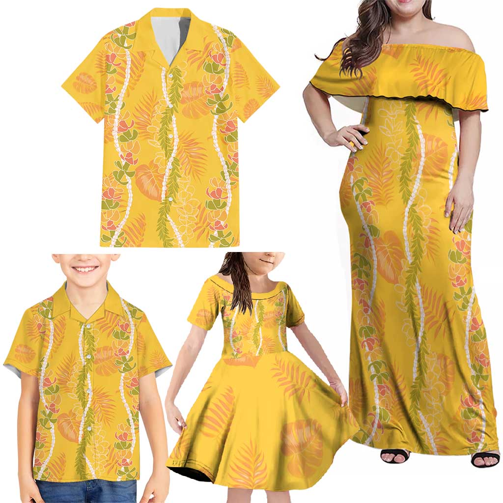 Hawaii Maile Lei Family Matching Off Shoulder Maxi Dress and Hawaiian Shirt With Yellow Monstera Pattern