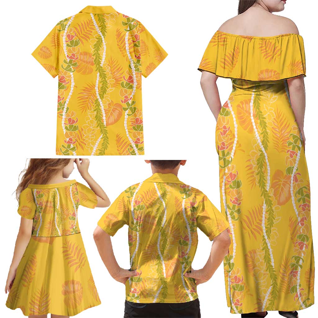Hawaii Maile Lei Family Matching Off Shoulder Maxi Dress and Hawaiian Shirt With Yellow Monstera Pattern