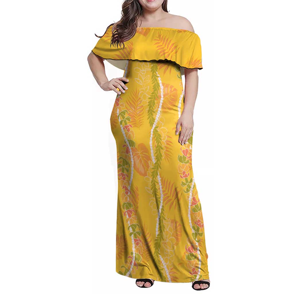 Hawaii Maile Lei Family Matching Off Shoulder Maxi Dress and Hawaiian Shirt With Yellow Monstera Pattern