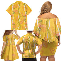 Hawaii Maile Lei Family Matching Off Shoulder Short Dress and Hawaiian Shirt With Yellow Monstera Pattern