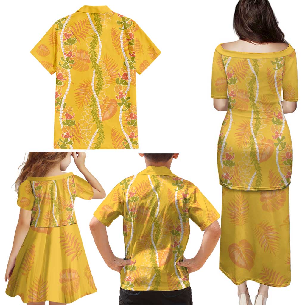 Hawaii Maile Lei Family Matching Puletasi and Hawaiian Shirt With Yellow Monstera Pattern