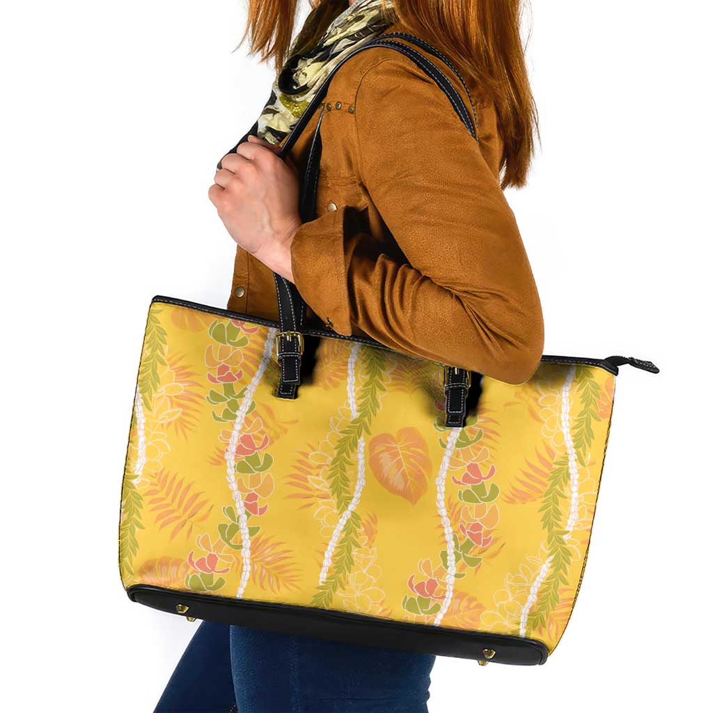Hawaii Maile Lei Leather Tote Bag With Yellow Monstera Pattern LT05 Yellow - Polynesian Pride