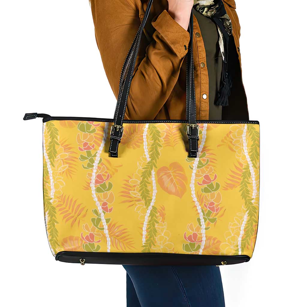 Hawaii Maile Lei Leather Tote Bag With Yellow Monstera Pattern LT05 - Polynesian Pride
