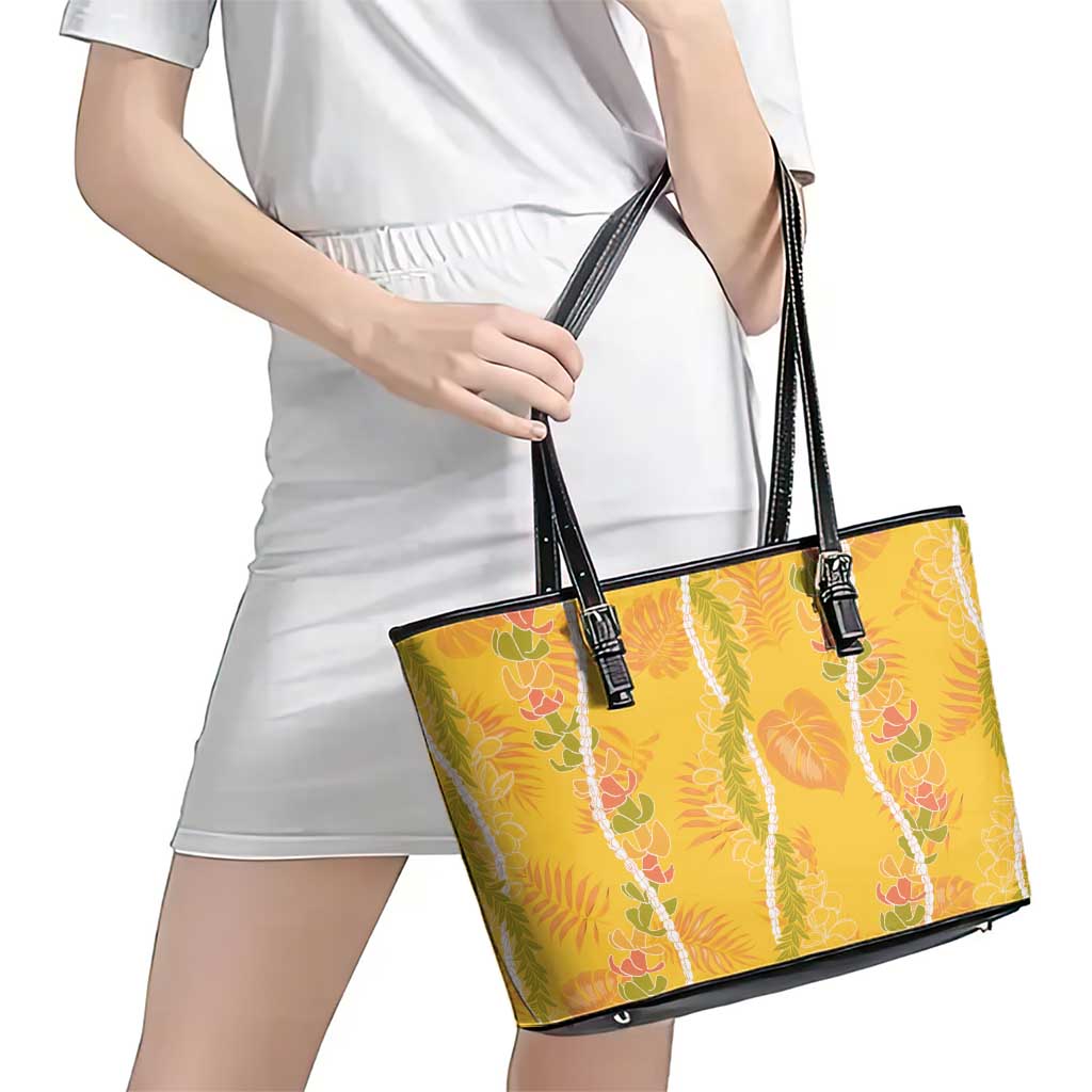 Hawaii Maile Lei Leather Tote Bag With Yellow Monstera Pattern LT05 - Polynesian Pride