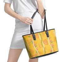 Hawaii Maile Lei Leather Tote Bag With Yellow Monstera Pattern LT05 - Polynesian Pride