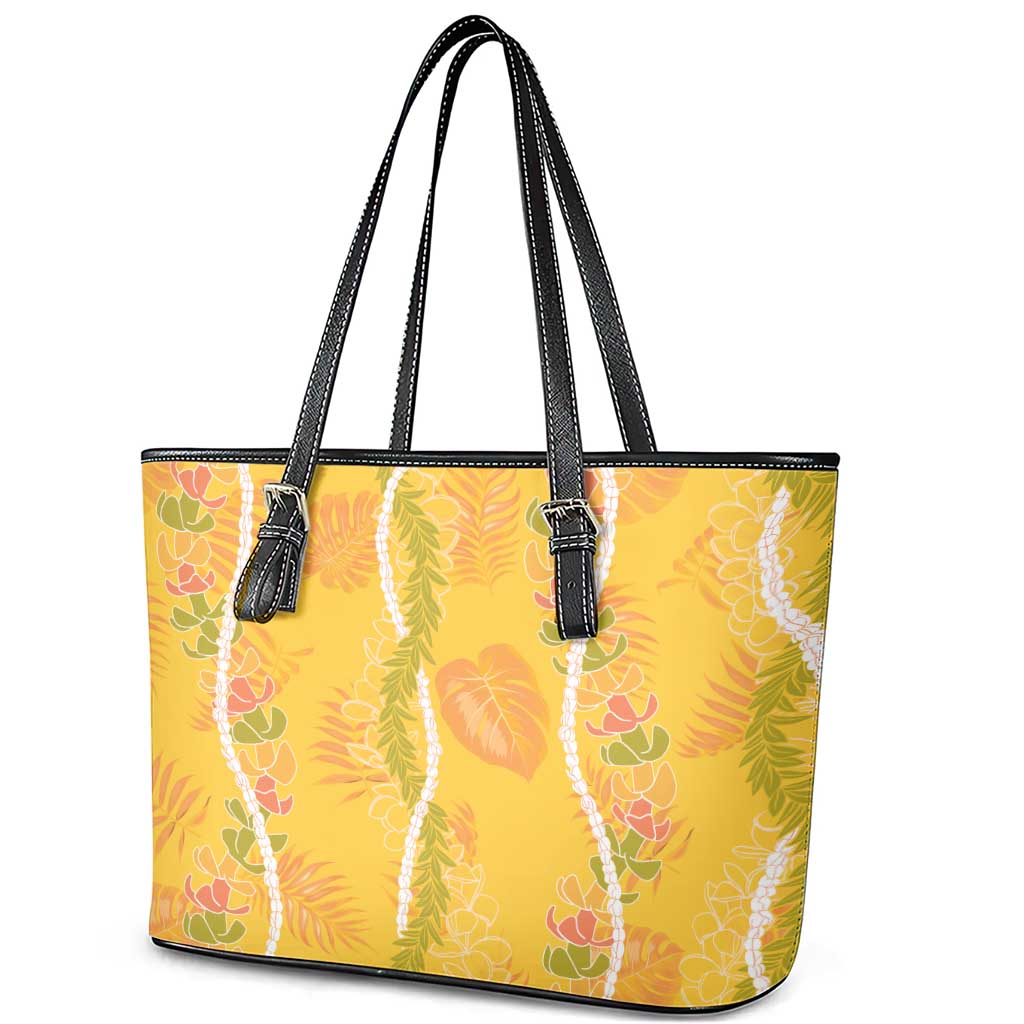 Hawaii Maile Lei Leather Tote Bag With Yellow Monstera Pattern LT05 - Polynesian Pride