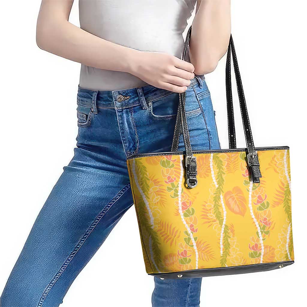 Hawaii Maile Lei Leather Tote Bag With Yellow Monstera Pattern LT05 - Polynesian Pride