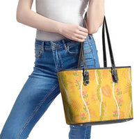 Hawaii Maile Lei Leather Tote Bag With Yellow Monstera Pattern LT05 - Polynesian Pride