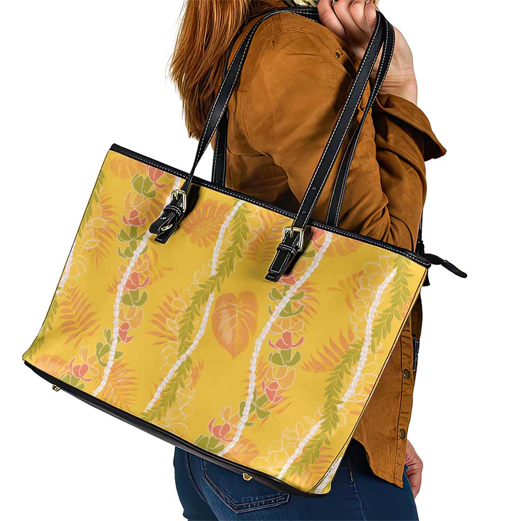 Hawaii Maile Lei Leather Tote Bag With Yellow Monstera Pattern LT05 - Polynesian Pride