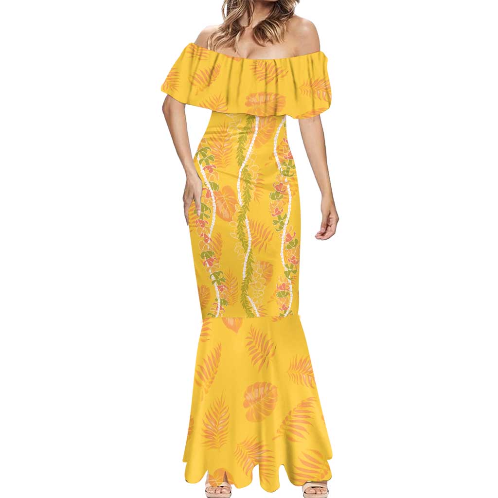Hawaii Maile Lei Mermaid Dress With Yellow Monstera Pattern LT05 - Polynesian Pride