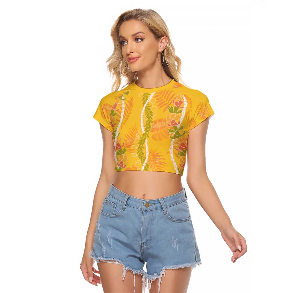 Hawaii Maile Lei Raglan Cropped T Shirt With Yellow Monstera Pattern LT05 Female Yellow - Polynesian Pride