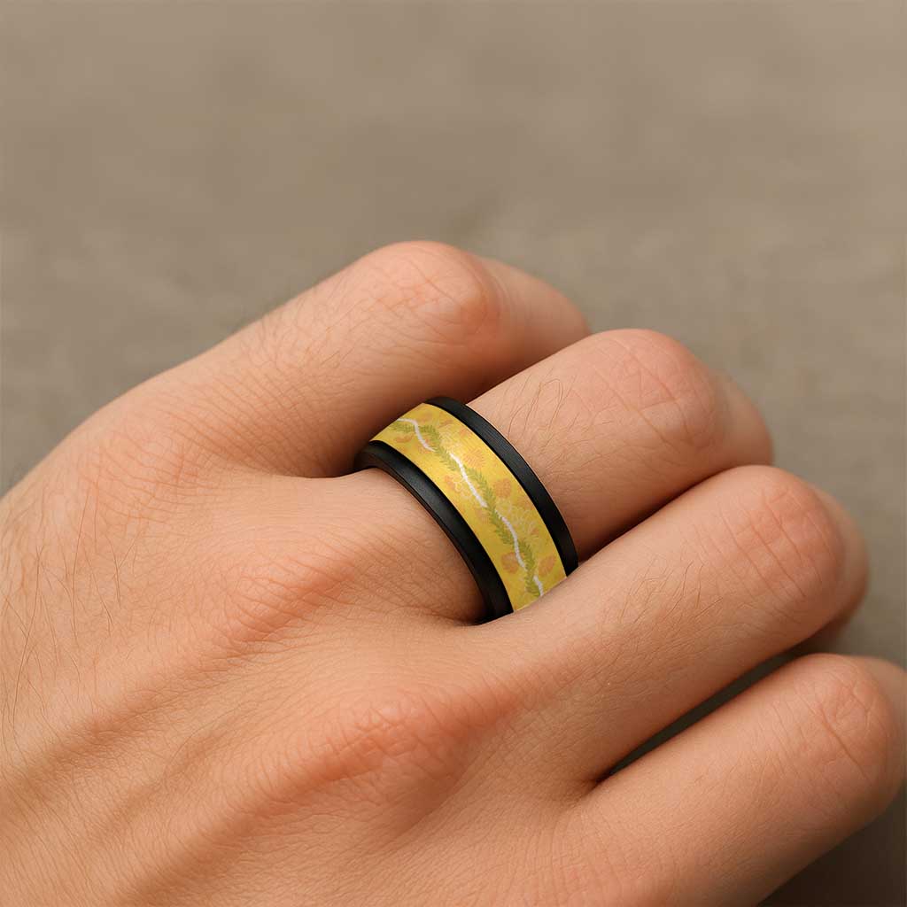 Hawaii Maile Lei Spinner Ring With Yellow Monstera Pattern - Polynesian Pride