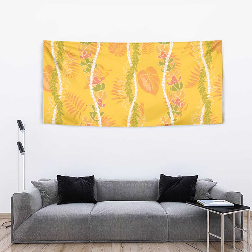 Hawaii Maile Lei Tapestry With Yellow Monstera Pattern