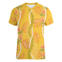 Hawaii Maile Lei Women V-Neck T-Shirt With Yellow Monstera Pattern LT05 Female Yellow - Polynesian Pride
