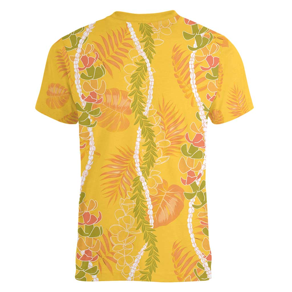 Hawaii Maile Lei Women V-Neck T-Shirt With Yellow Monstera Pattern LT05 - Polynesian Pride