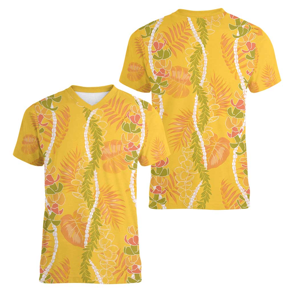 Hawaii Maile Lei Women V-Neck T-Shirt With Yellow Monstera Pattern LT05 - Polynesian Pride