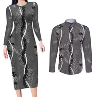 Hawaii Maile Lei Couples Matching Long Sleeve Bodycon Dress and Long Sleeve Button Shirt With Gray Monstera Pattern LT05 Gray - Polynesian Pride
