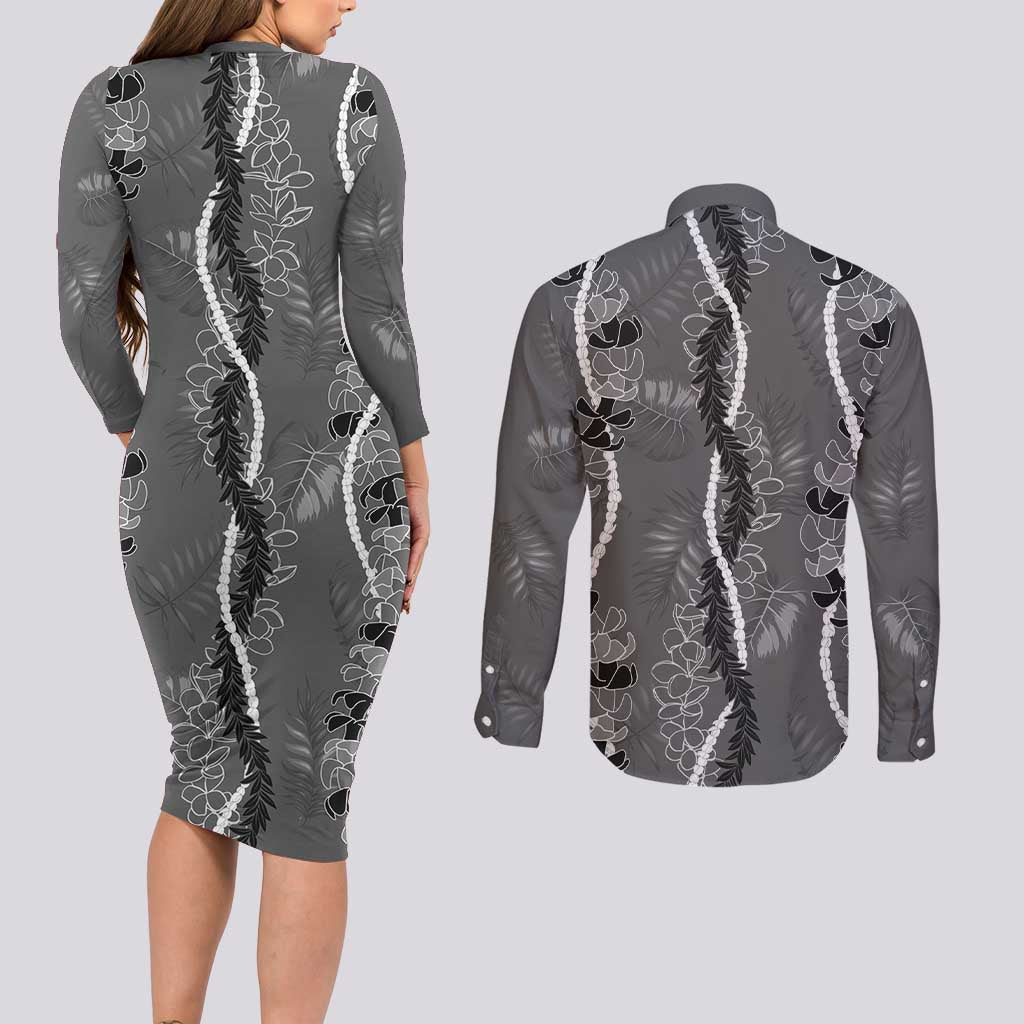 Hawaii Maile Lei Couples Matching Long Sleeve Bodycon Dress and Long Sleeve Button Shirt With Gray Monstera Pattern LT05 - Polynesian Pride