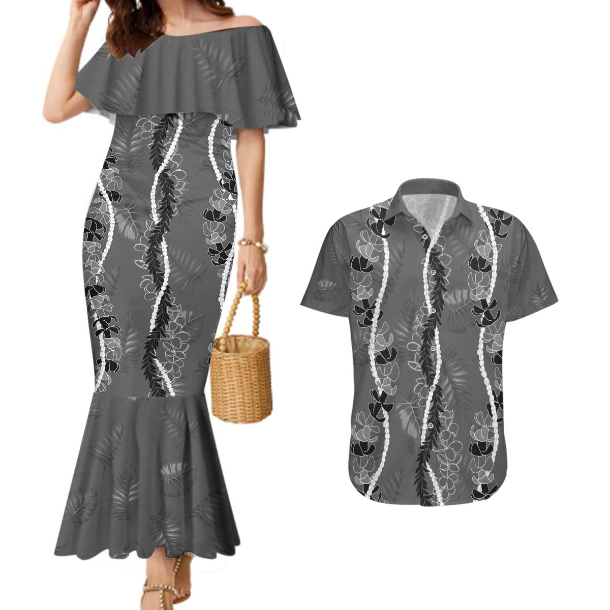 Hawaii Maile Lei Couples Matching Mermaid Dress and Hawaiian Shirt With Gray Monstera Pattern LT05 Gray - Polynesian Pride