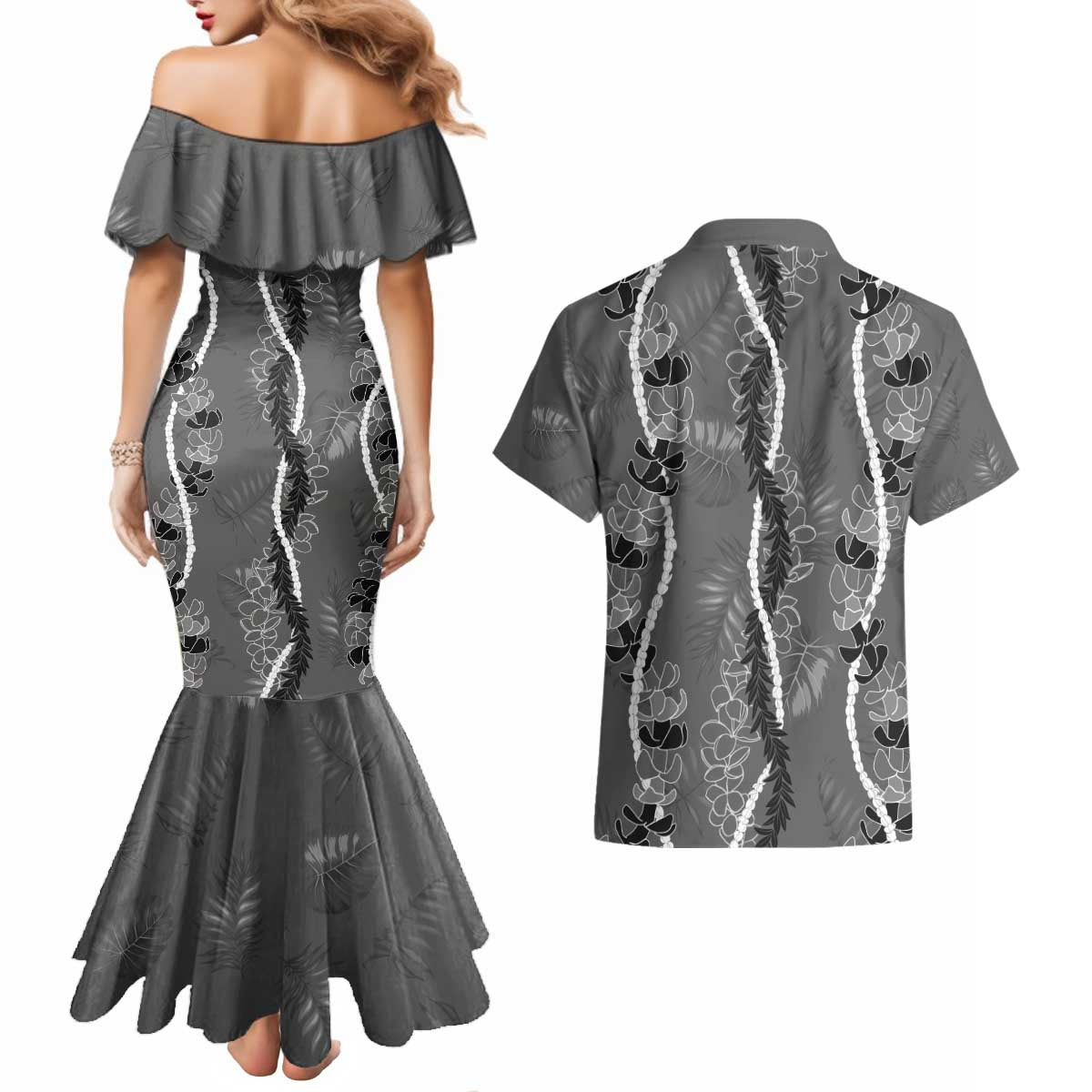 Hawaii Maile Lei Couples Matching Mermaid Dress and Hawaiian Shirt With Gray Monstera Pattern LT05 - Polynesian Pride