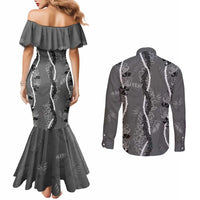 Hawaii Maile Lei Couples Matching Mermaid Dress and Long Sleeve Button Shirt With Gray Monstera Pattern LT05 - Polynesian Pride