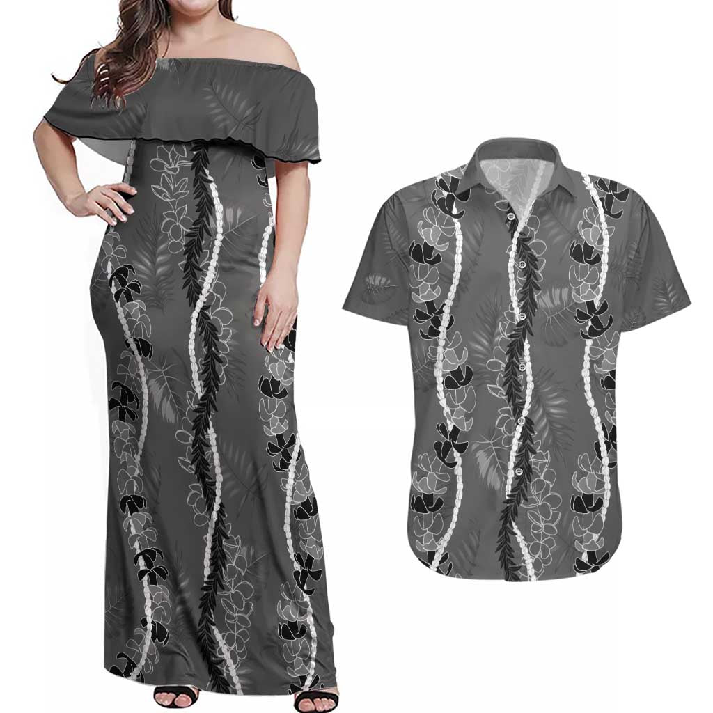 Hawaii Maile Lei Couples Matching Off Shoulder Maxi Dress and Hawaiian Shirt With Gray Monstera Pattern LT05 Gray - Polynesian Pride