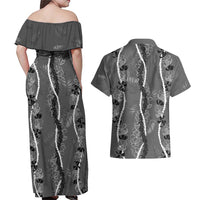 Hawaii Maile Lei Couples Matching Off Shoulder Maxi Dress and Hawaiian Shirt With Gray Monstera Pattern LT05 - Polynesian Pride
