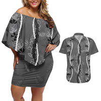 Hawaii Maile Lei Couples Matching Off Shoulder Short Dress and Hawaiian Shirt With Gray Monstera Pattern LT05 Gray - Polynesian Pride